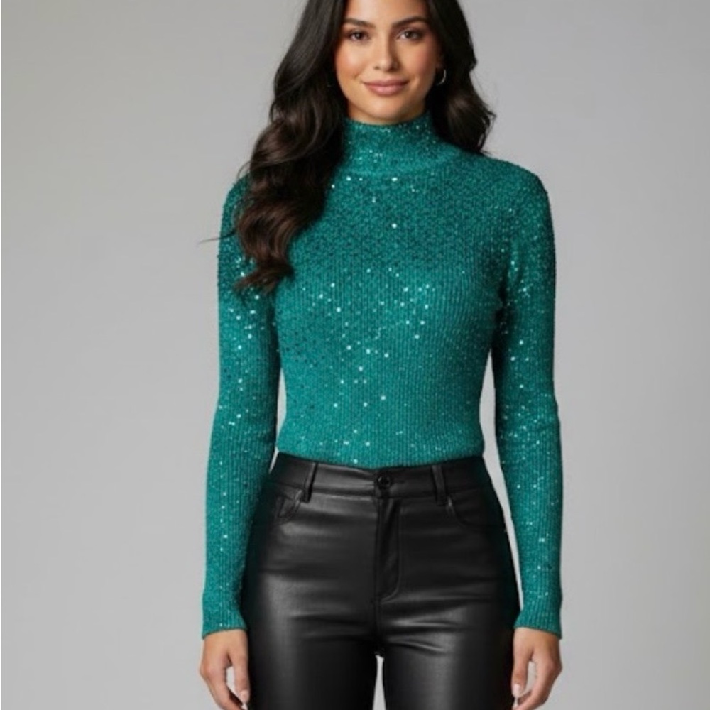 Lauren Michelle Metallic Green Sequin Knit Top - Mock Neck Party Blouse - Size S